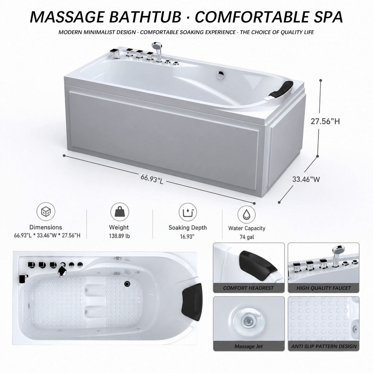 67 inch massage bathtub comfortable spa overview with dimensions soaking depth water capacity headrest faucet jets and anti slip bottom