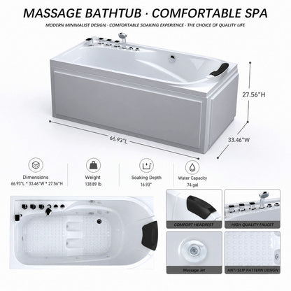 67 inch massage bathtub comfortable spa overview with dimensions soaking depth water capacity headrest faucet jets and anti slip bottom