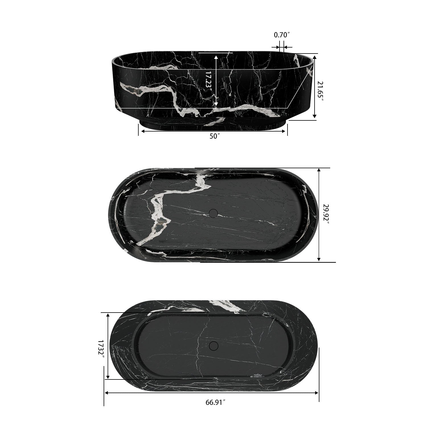 67 inch matte black oval bathtub dimension diagram with measurements