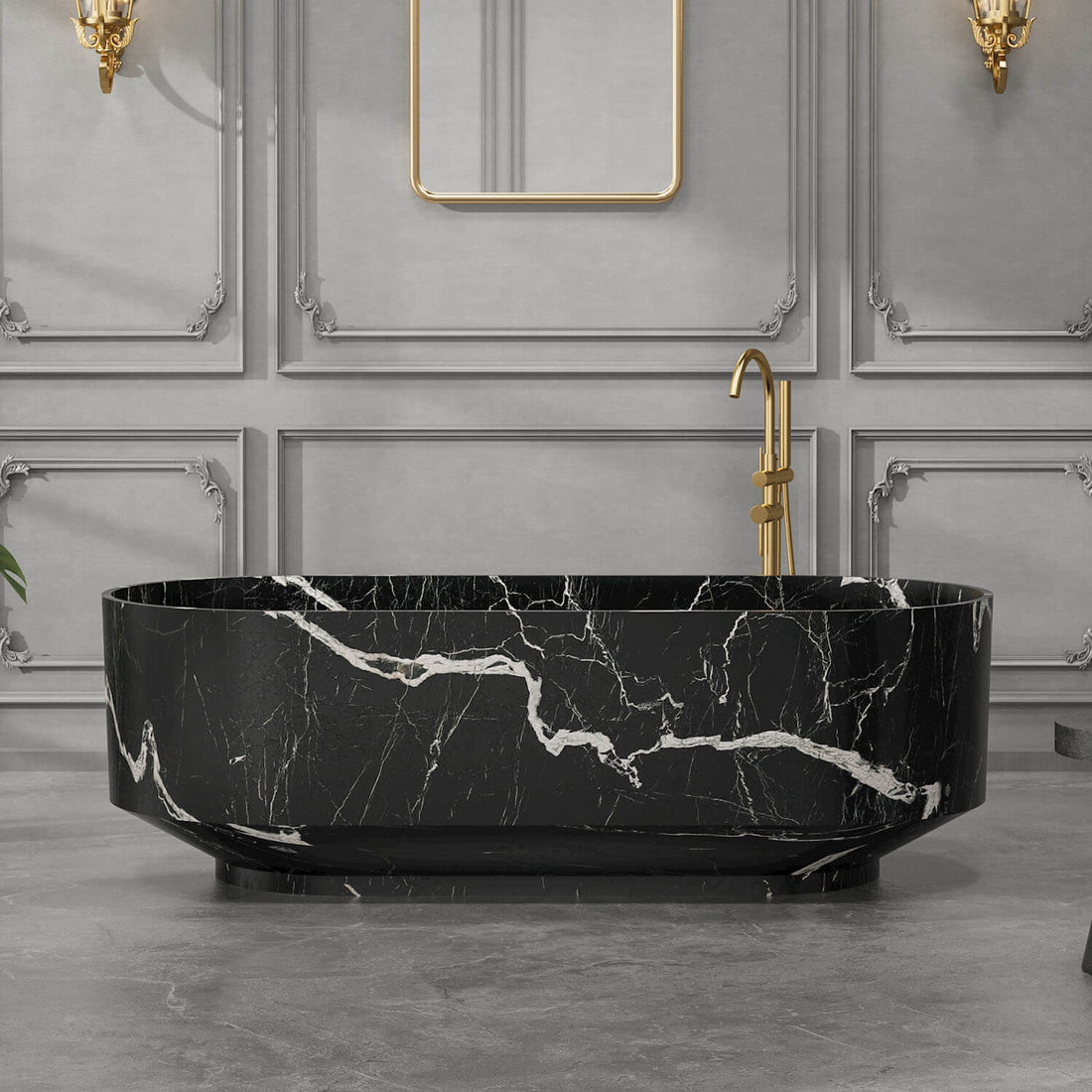 67 inch matte black oval bathtub with gray white marble pattern
