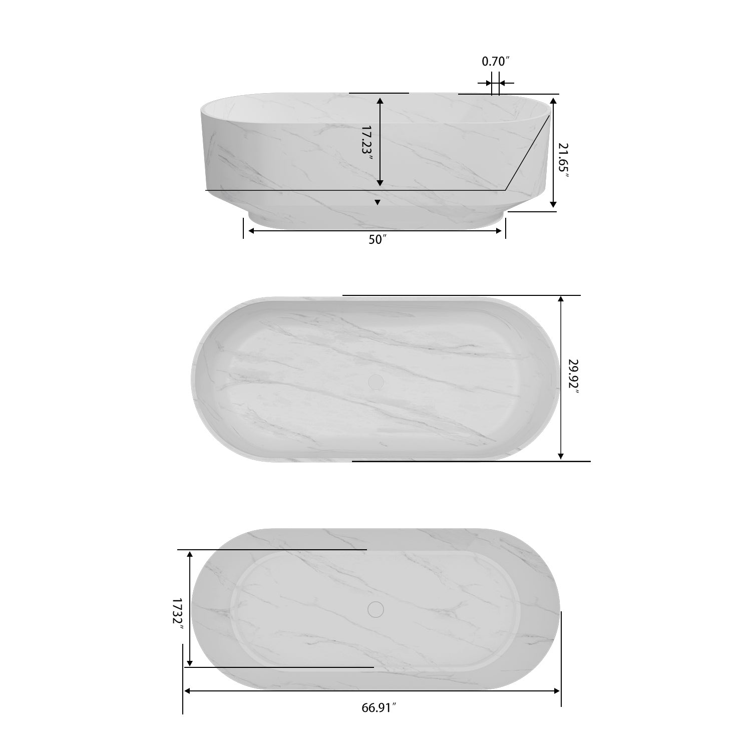 67 inch matte white oval bathtub dimension diagram with measurements