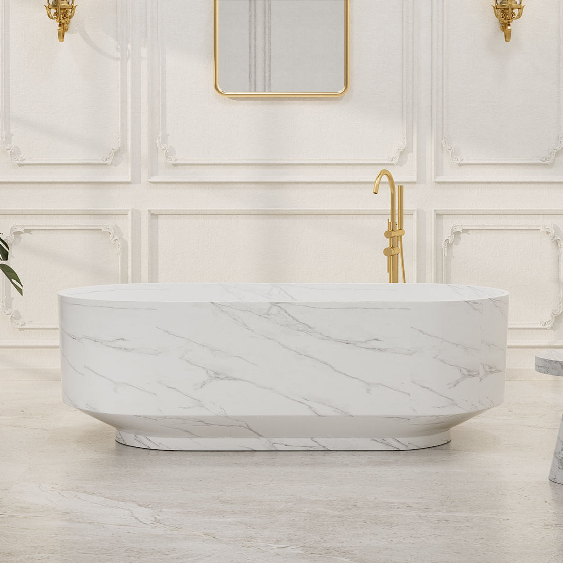 67 inch matte white oval freestanding bathtub with gray marble pattern