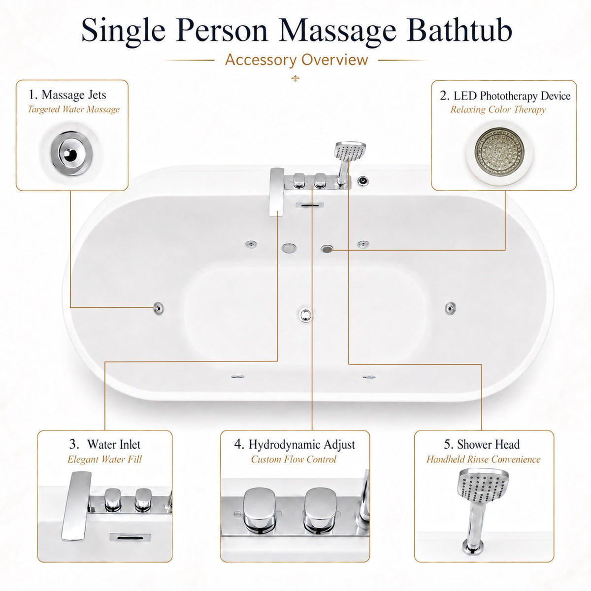 67 inch single person hydrotherapy bathtub accessory overview massage jets LED phototherapy water inlet hydrodynamic adjust and handheld shower