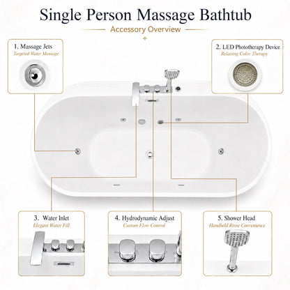67 inch single person hydrotherapy bathtub accessory overview massage jets LED phototherapy water inlet hydrodynamic adjust and handheld shower