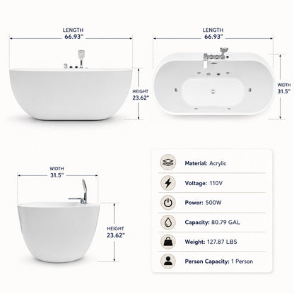 67 inch white acrylic jetted massage tub overall size 66.93 inch length 31.5 inch width 23.62 inch height with 80.79 gallon capacity