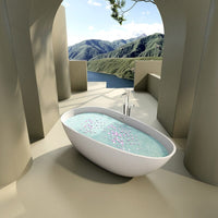 67'' Solid Surface Stone Resin Oval-shaped Matte White Freestanding Soaking Bathtub with Overflow