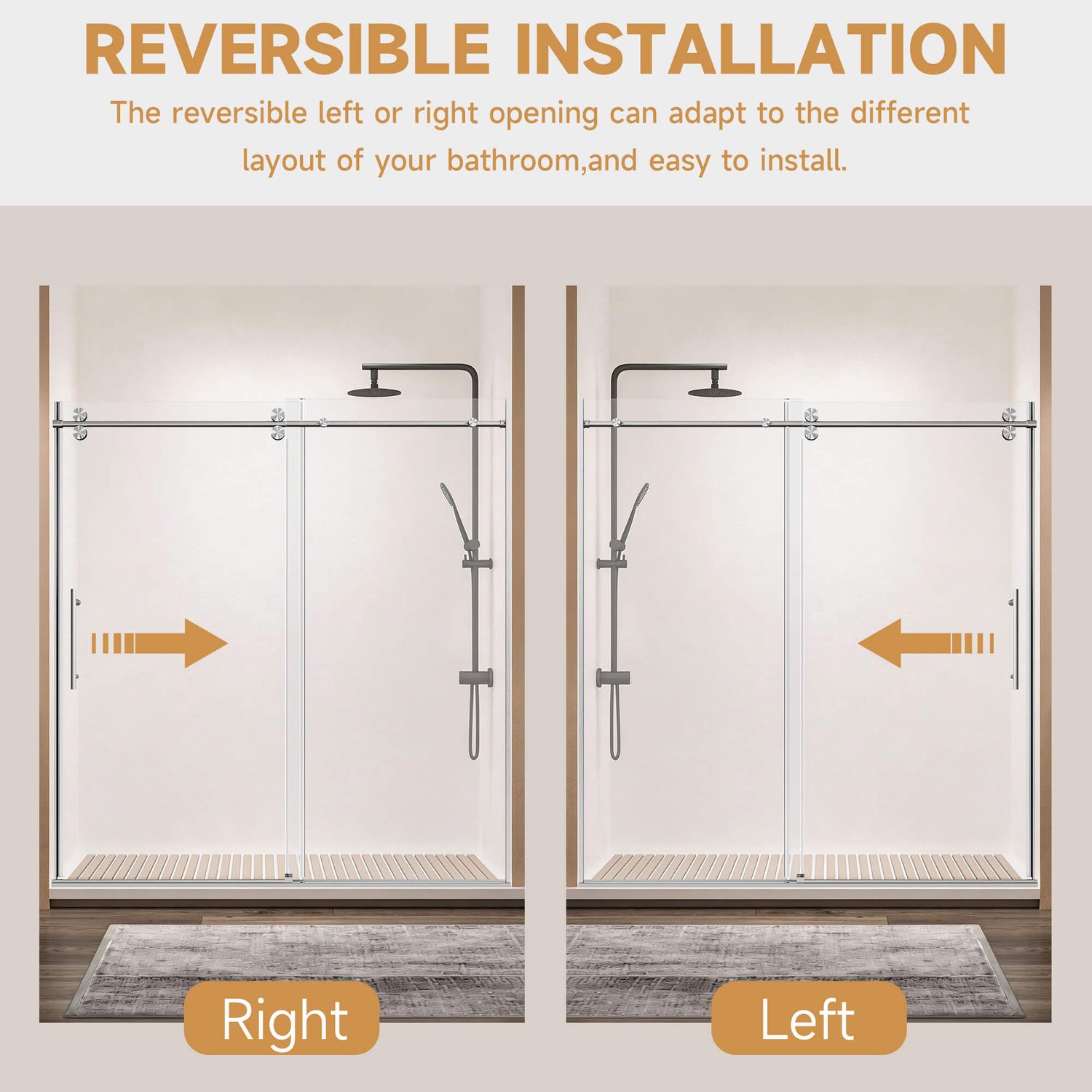 68 to 72 inch Adjustable Width and Reversible Installation for Frameless Sliding Shower Door