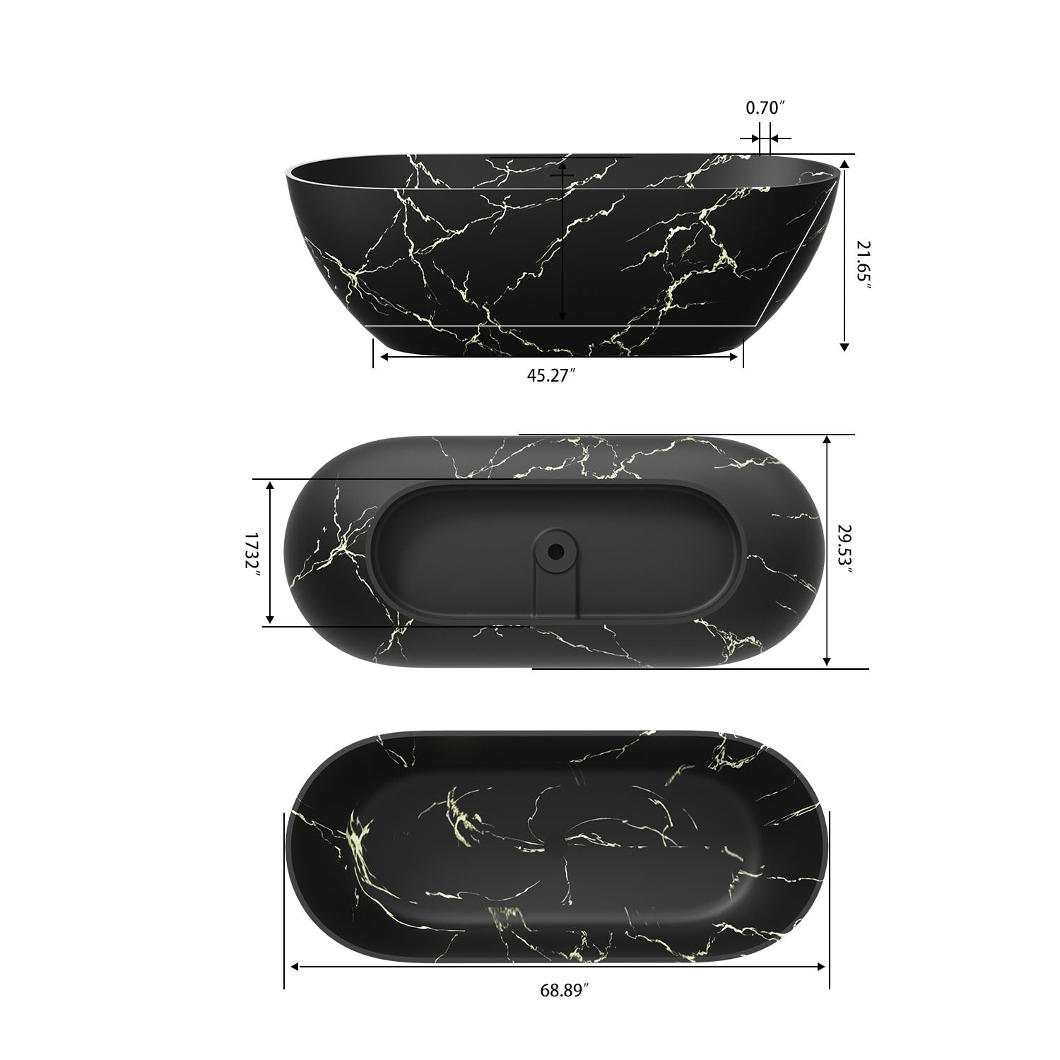 69 inch black oval bathtub dimension diagram with measurements