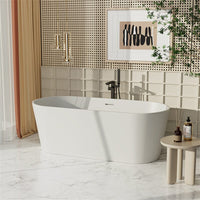 63'' Solid Surface Stone Resin Oval-shaped Matte White Freestanding Soaking Bathtub with Overflow