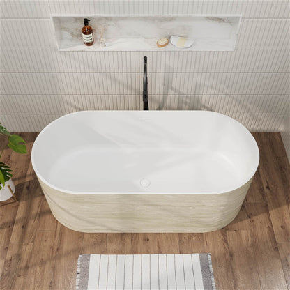 63" Beige Freestanding Solid Surface Bathtub in Stone Resin