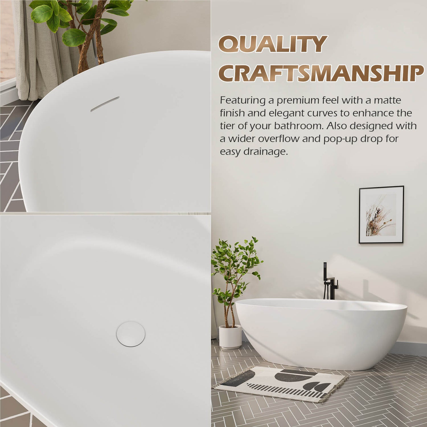 Detail of matte white 65-inch oval soaking tub