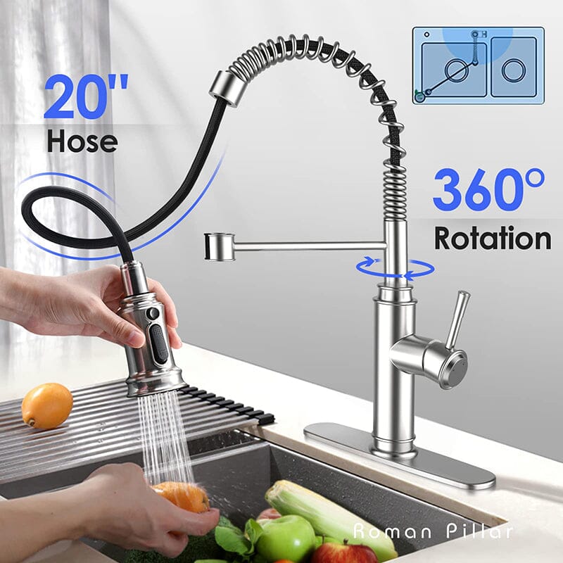 Modern 360° Swivel Pull-Out Spring Sprayer Kitchen Sink Faucet, 3 Spray Patterns