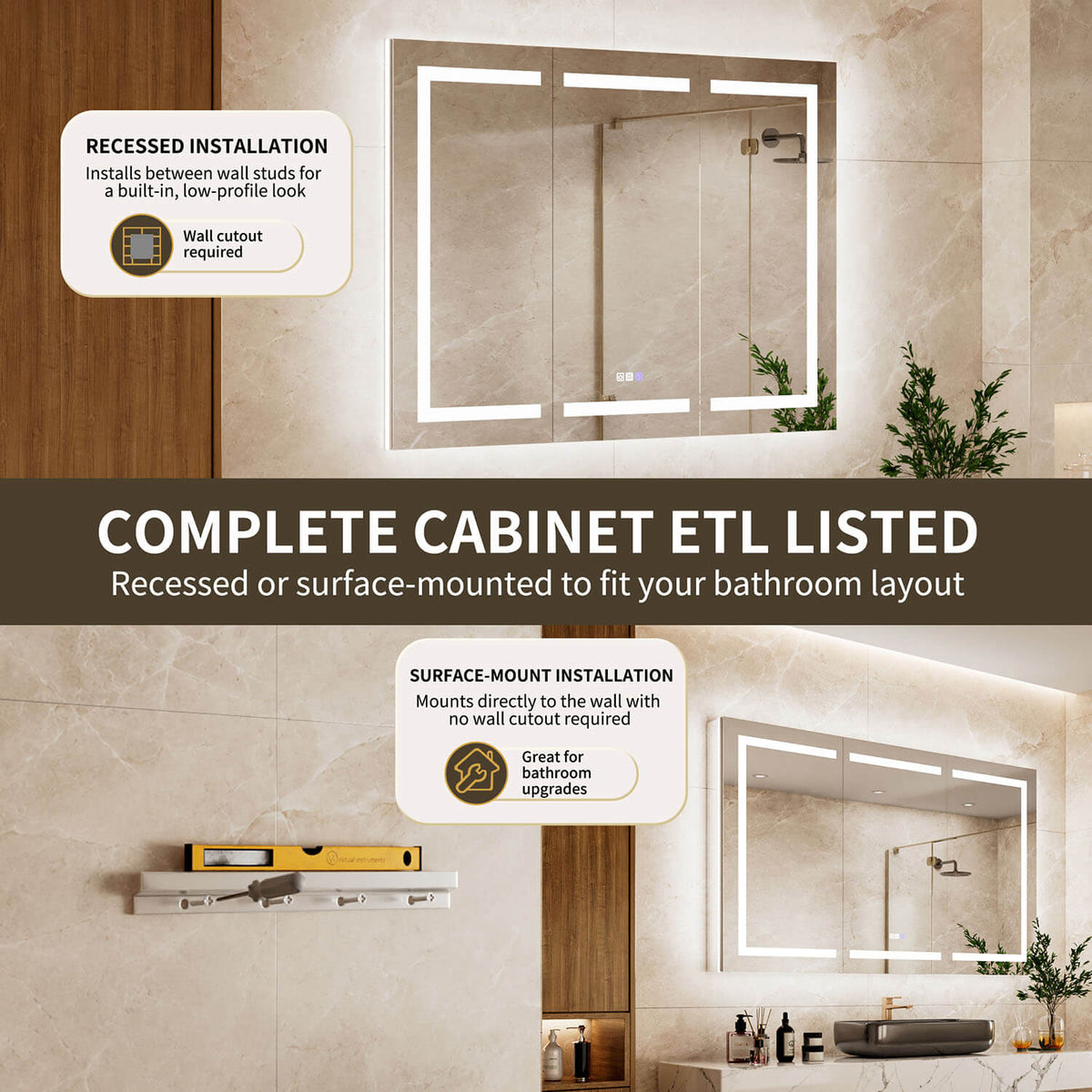 60" x 36" Wide Triple Door Medicine Cabinet with Mirror, Smart LED Lighting, Anti-Fog, Outlets &amp; USB