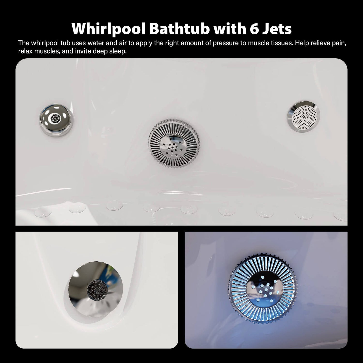 6 adjustable jets for water air hydrotherapy in corner whirlpool tub
