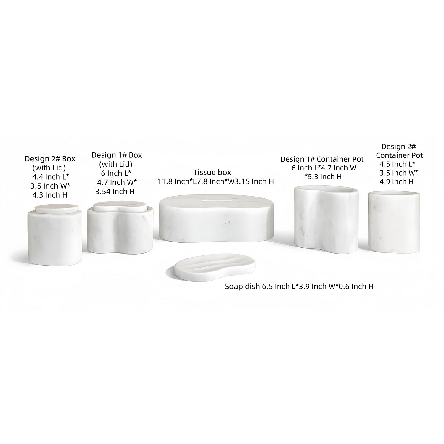 6 piece White marble bath accessories set dimension