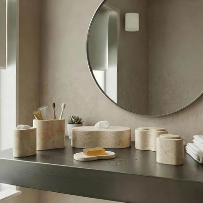 6 piece beige marble bath accessories set for organized countertop