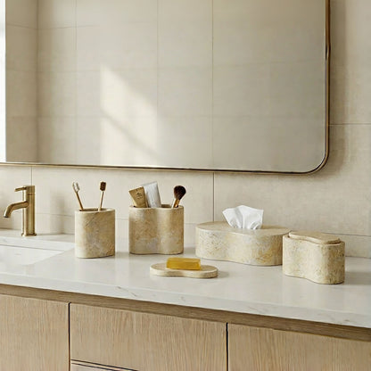 6 piece natural stone bathroom accessories set in beige marble finish
