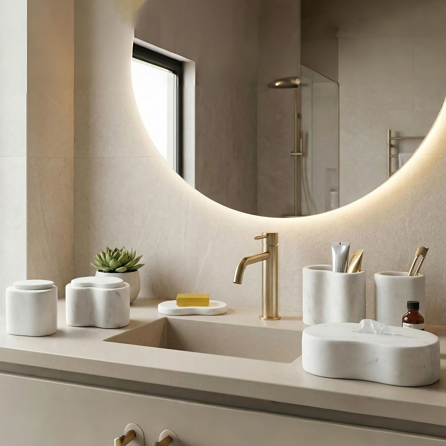 6 piece white marble bathroom accessories set for countertop organization
