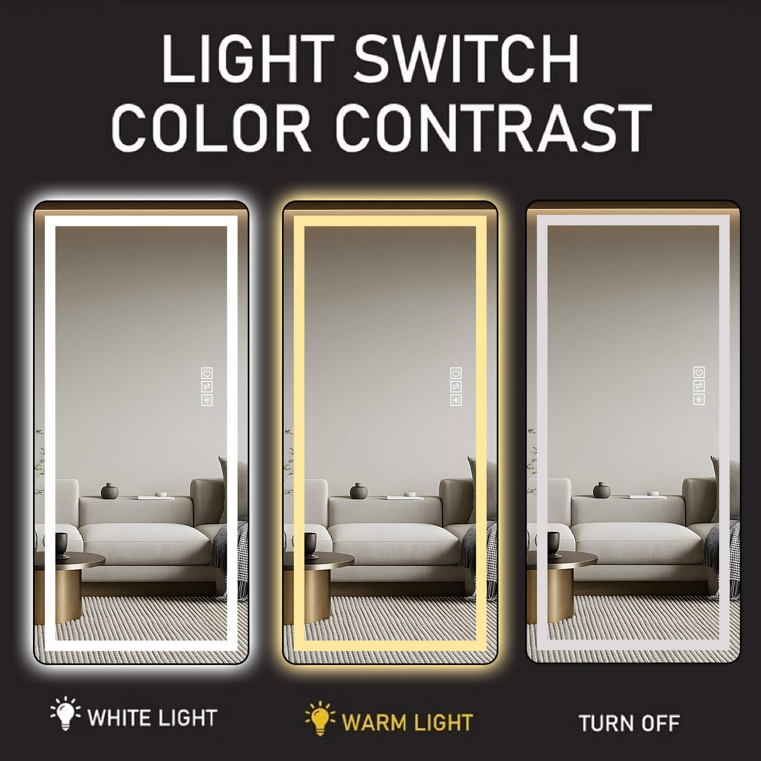 64"x21" Black LED Full Length Mirror with Dimmer, 3 Color Temperatures