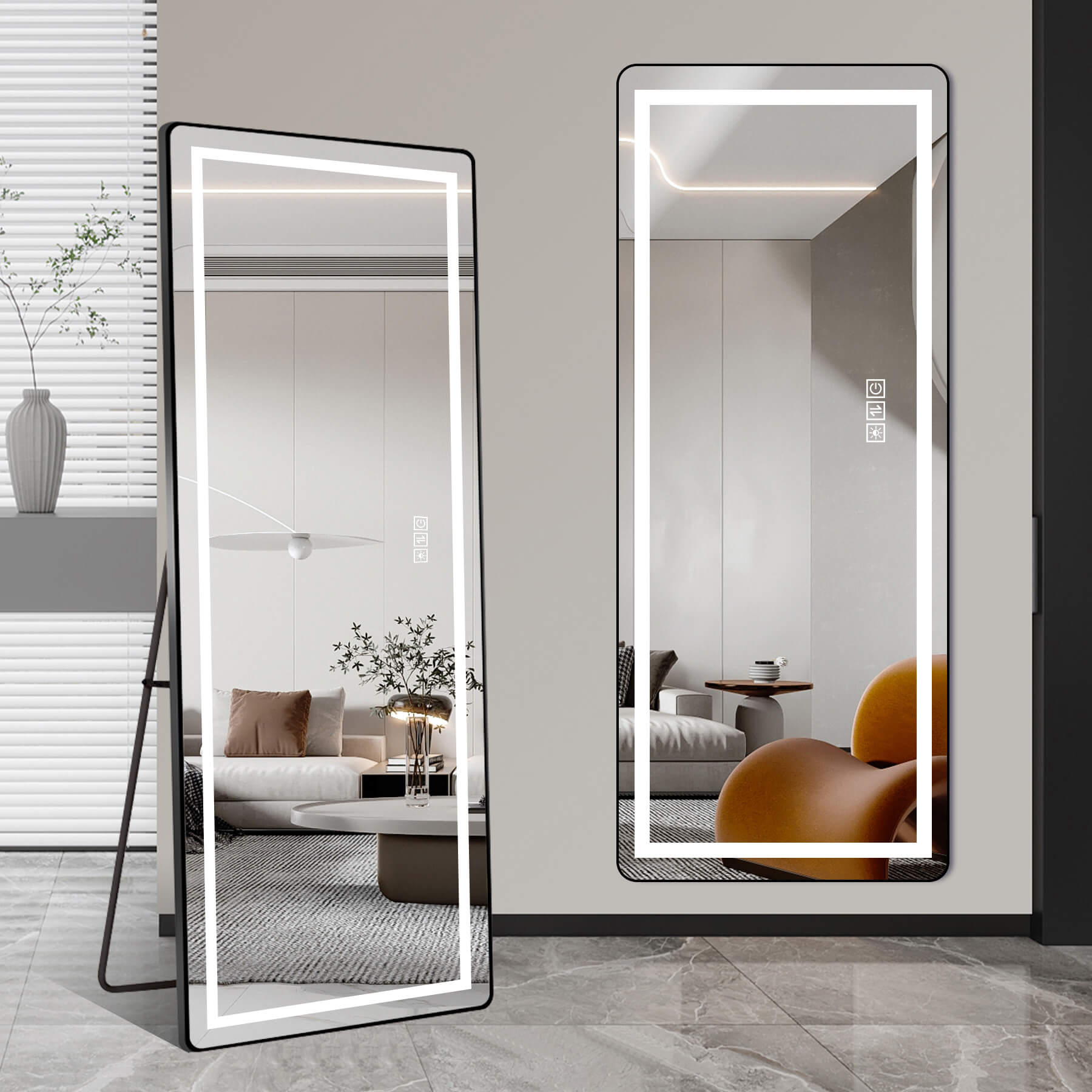 64"x21" Black LED Full Length Mirror with Dimmer, 3 Color Temperatures