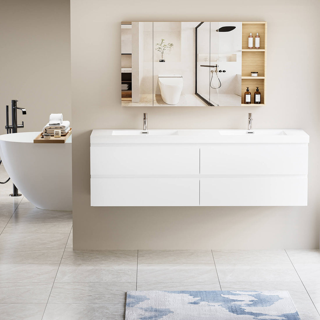 70 inch double sink wall mounted vanity in pure white