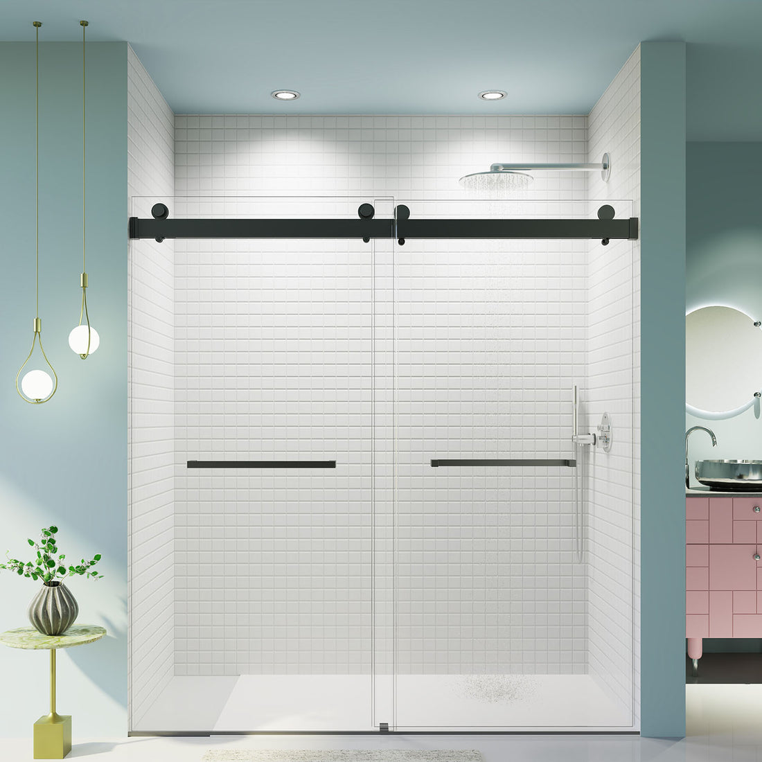 72 in x 76 in Matte Black Double Sliding Soft Close Shower Door