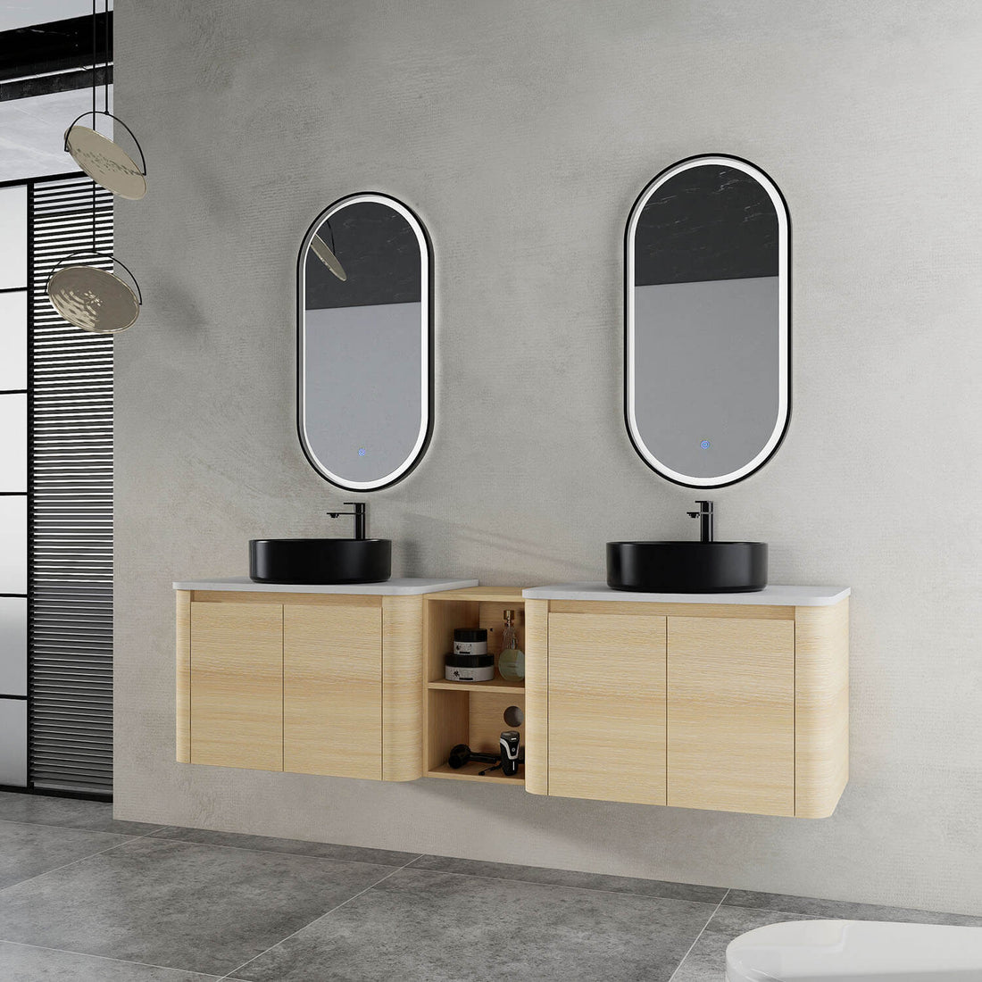 72 inch White Oak Bathroom Vanity-Double Black Ceramic Sink and Open Shelves