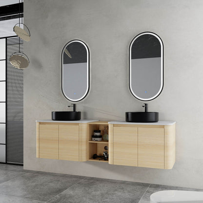 72 inch White Oak Bathroom Vanity-Double Black Ceramic Sink and Open Shelves