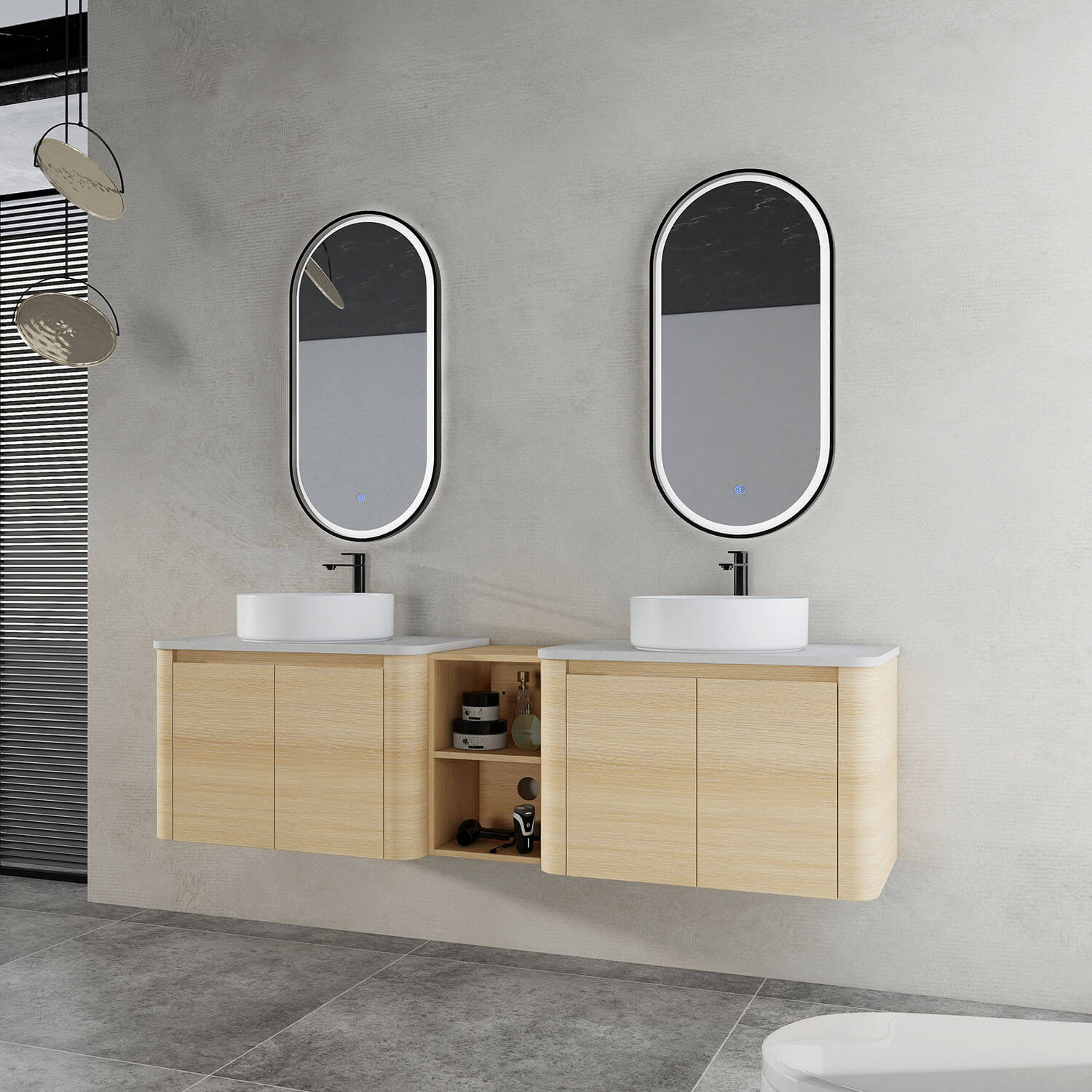 72 inch White Oak Bathroom Vanity-Double White Ceramic Sink and Open Shelves