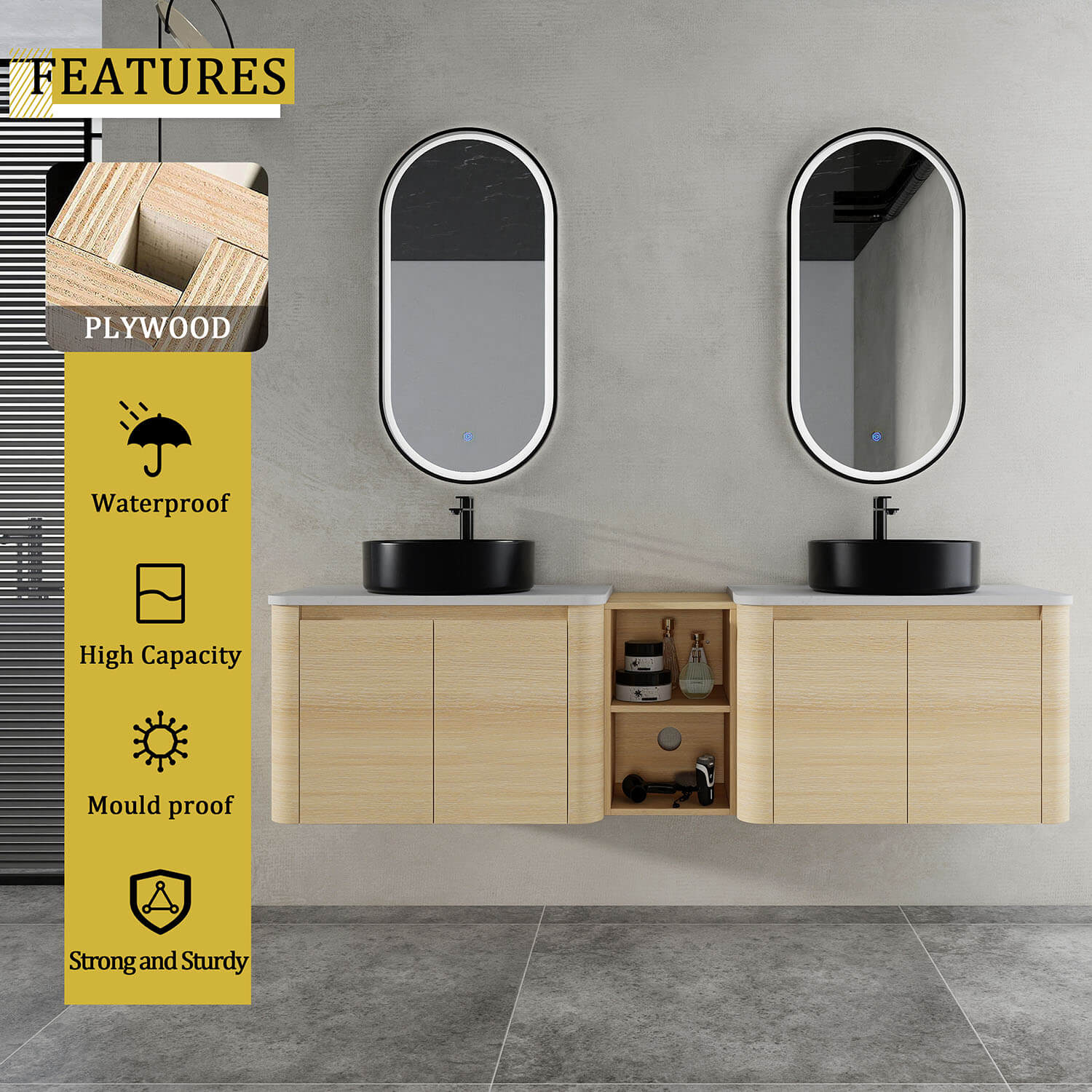 72 inch White Oak Bathroom Vanity with Double Black Ceramic Sink and Open Shelves-material