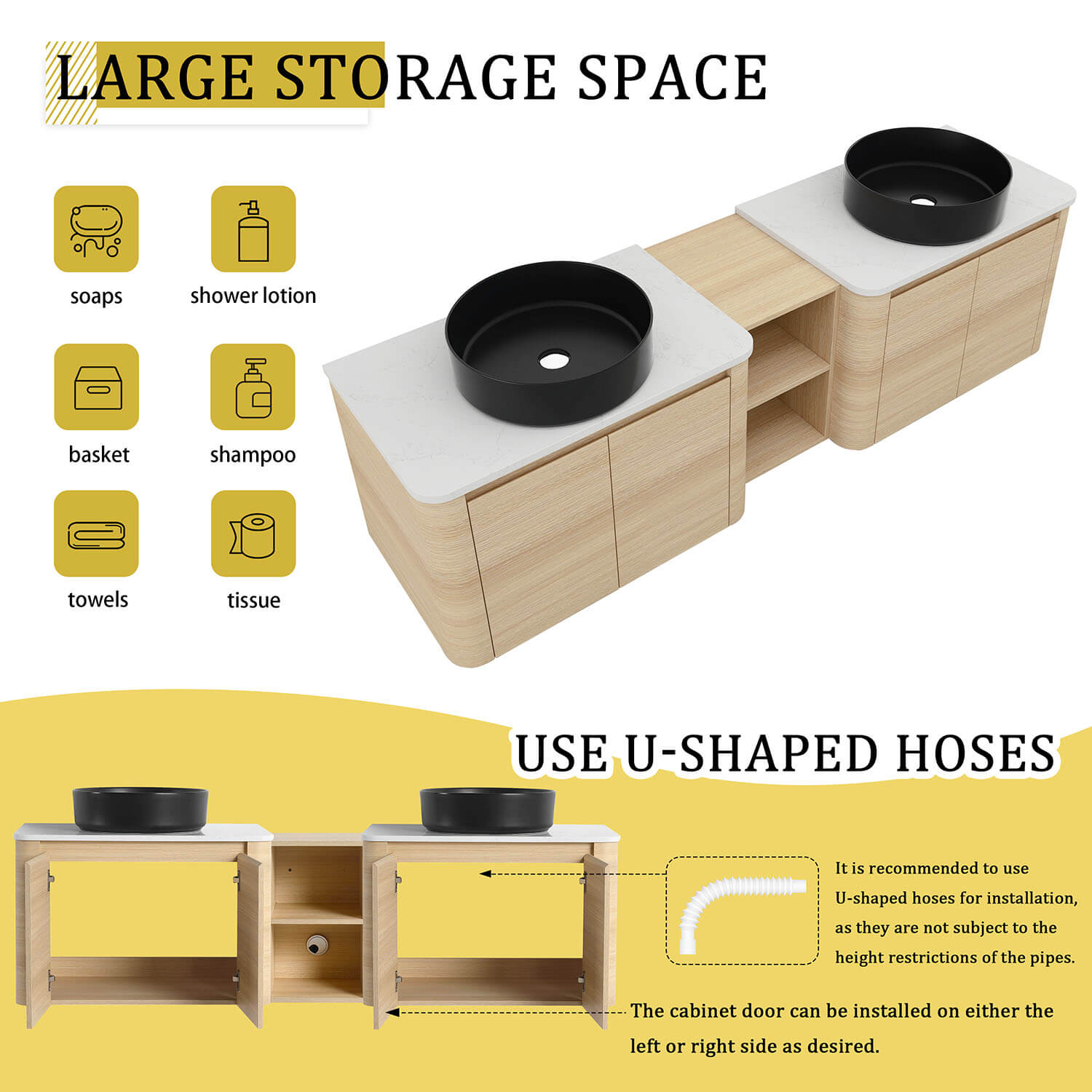 72 inch White Oak Bathroom Vanity with Double Black Ceramic Sink and Open Shelves-storage space