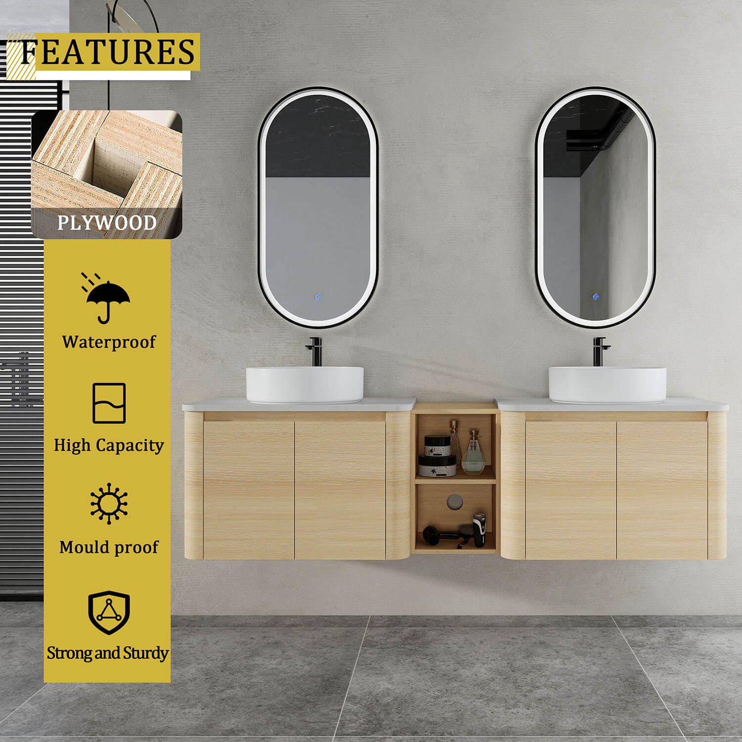 72 inch White Oak Bathroom Vanity with Double White Ceramic Sink and Open Shelves-material