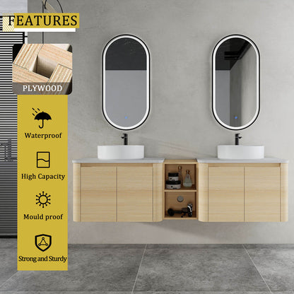 72 inch White Oak Bathroom Vanity with Double White Ceramic Sink and Open Shelves-material