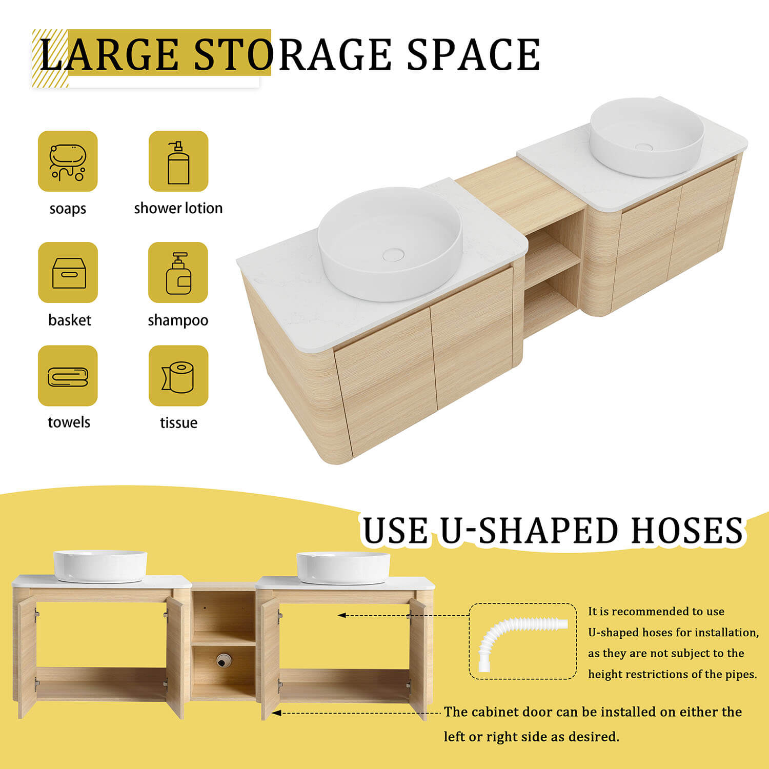 72 inch White Oak Bathroom Vanity with Double White Ceramic Sink and Open Shelves-storage space