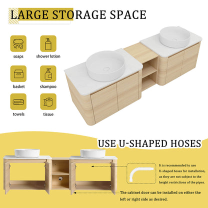 72 inch White Oak Bathroom Vanity with Double White Ceramic Sink and Open Shelves-storage space