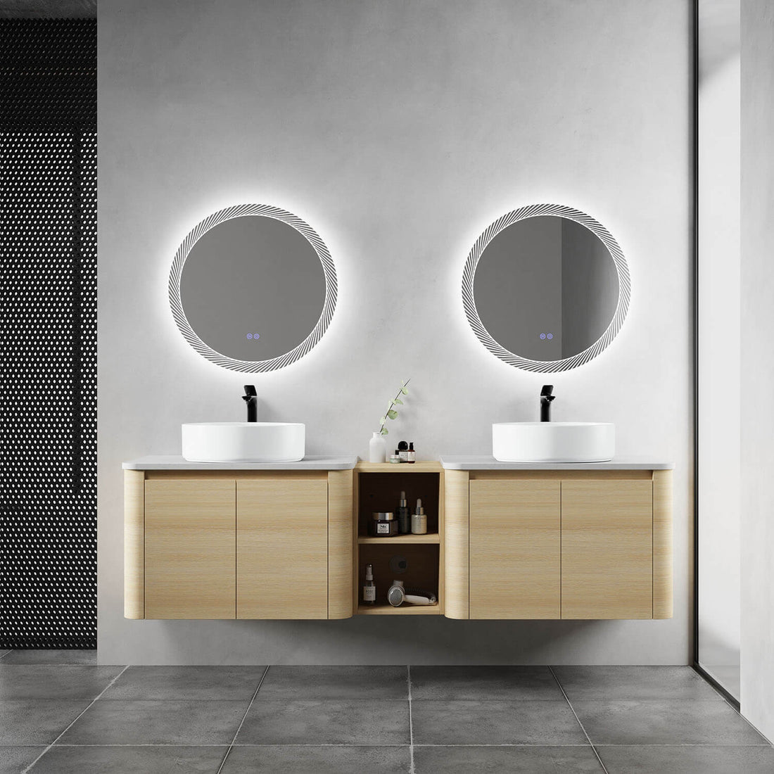 72 inch White Oak Bathroom Vanity with Double White Ceramic Sink and Open Shelves