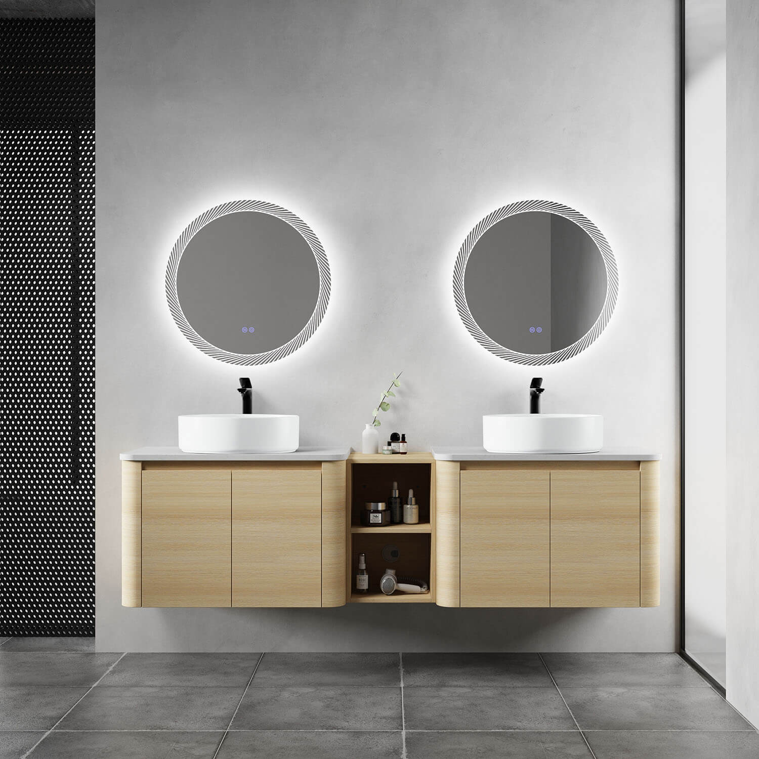 72 inch White Oak Bathroom Vanity with Double White Ceramic Sink and Open Shelves