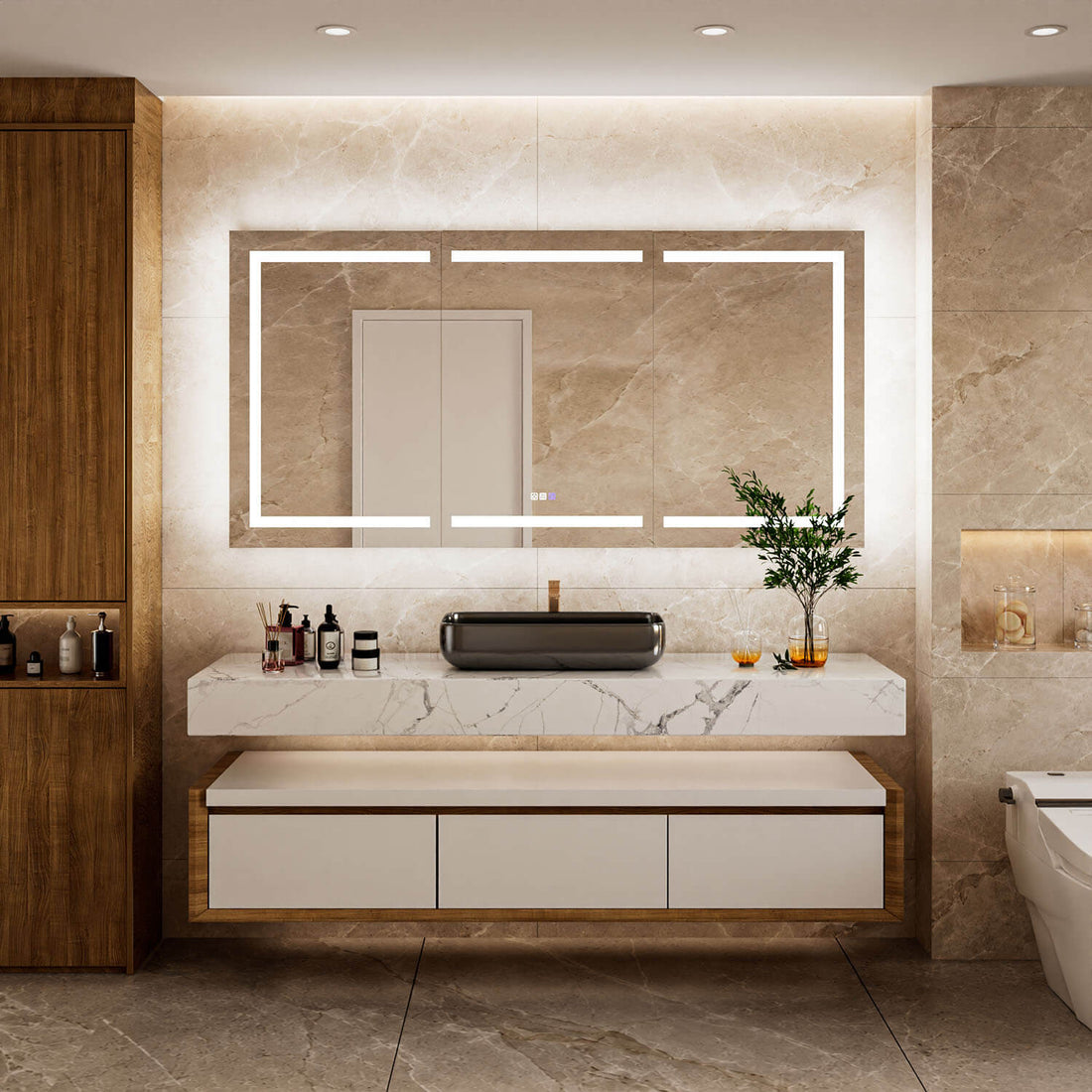 Front bathroom view of a 72 x 36-inch triple-door LED medicine cabinet with mirror above a floating vanity with a black vessel sink.