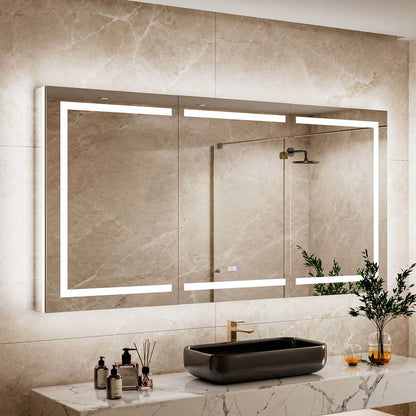 Close-up bathroom view of a 72 x 36-inch triple-door LED medicine cabinet with mirror with illuminated mirror edges above a black vessel sink.