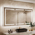 Close-up bathroom view of a 72 x 36-inch triple-door LED medicine cabinet with mirror with illuminated mirror edges above a black vessel sink.