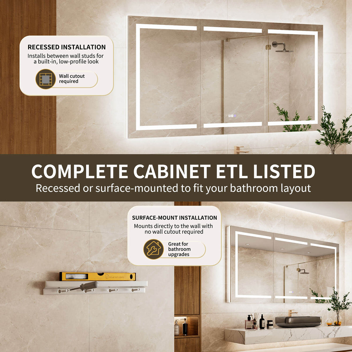 Installation graphic for a 72 x 36-inch triple-door LED medicine cabinet with mirror, comparing recessed and surface-mounted bathroom layouts.