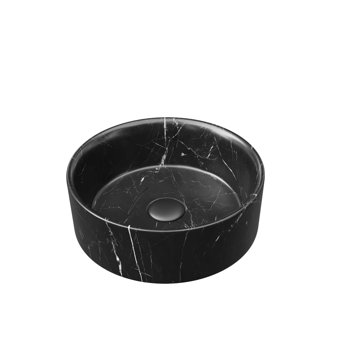 Round Matte Black Ceramic Above-Counter Vessel Sink with Stone Pattern Stone-patterned exterior Central drain included