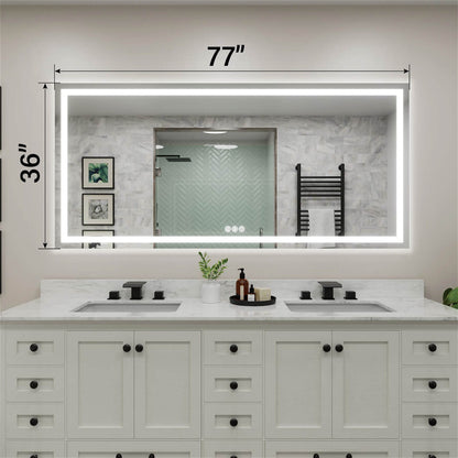 77W x 36H inch LED bathroom mirror with clear dimension markings on the surface