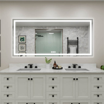 77x36 inch LED bathroom mirror with edge lighting and touch control buttons at the bottom center