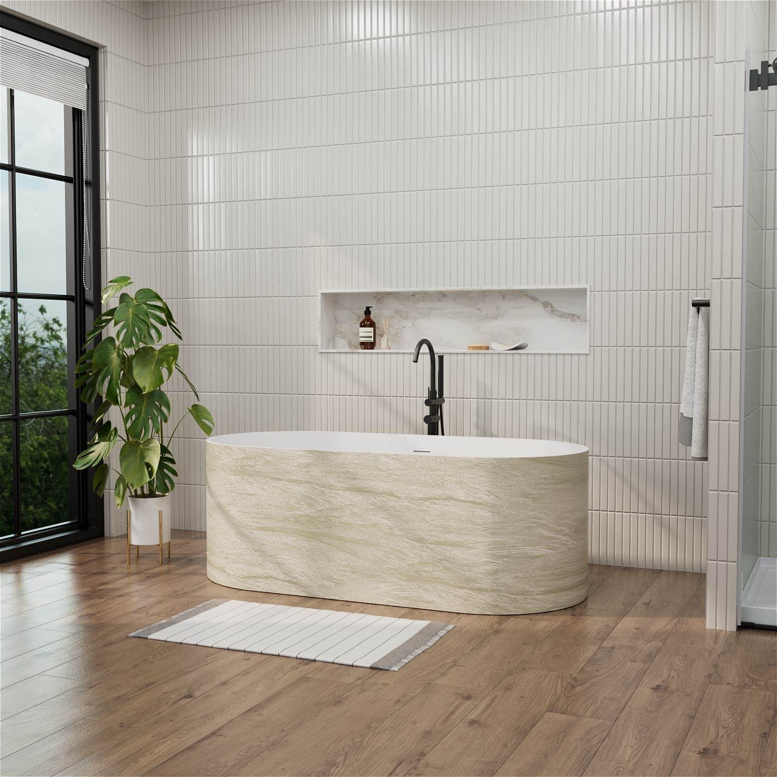 63" Beige Freestanding Solid Surface Bathtub in Stone Resin