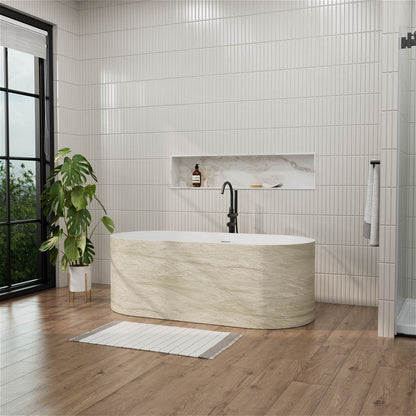 63" Beige Freestanding Solid Surface Bathtub in Stone Resin