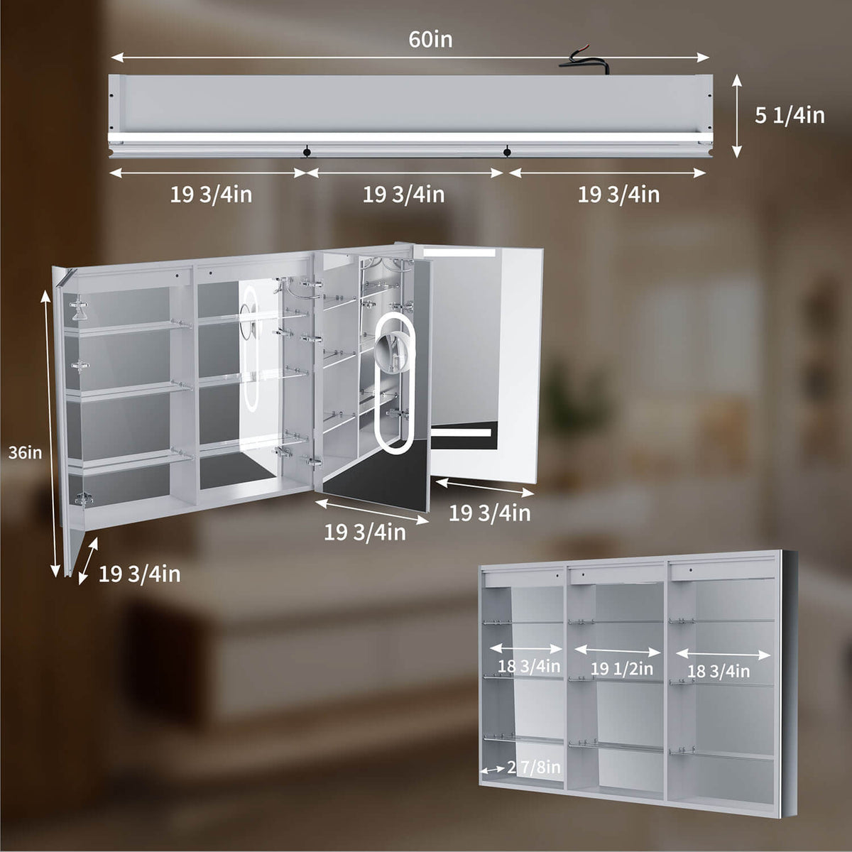 60" x 36" Wide Triple Door Medicine Cabinet with Mirror, Smart LED Lighting, Anti-Fog, Outlets &amp; USB