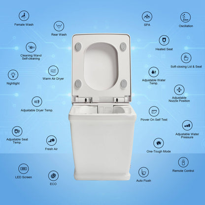 Square Smart Bidet Toilet with Remote Control, One Piece Tankless, Heated Seat, Warm Water and Dry