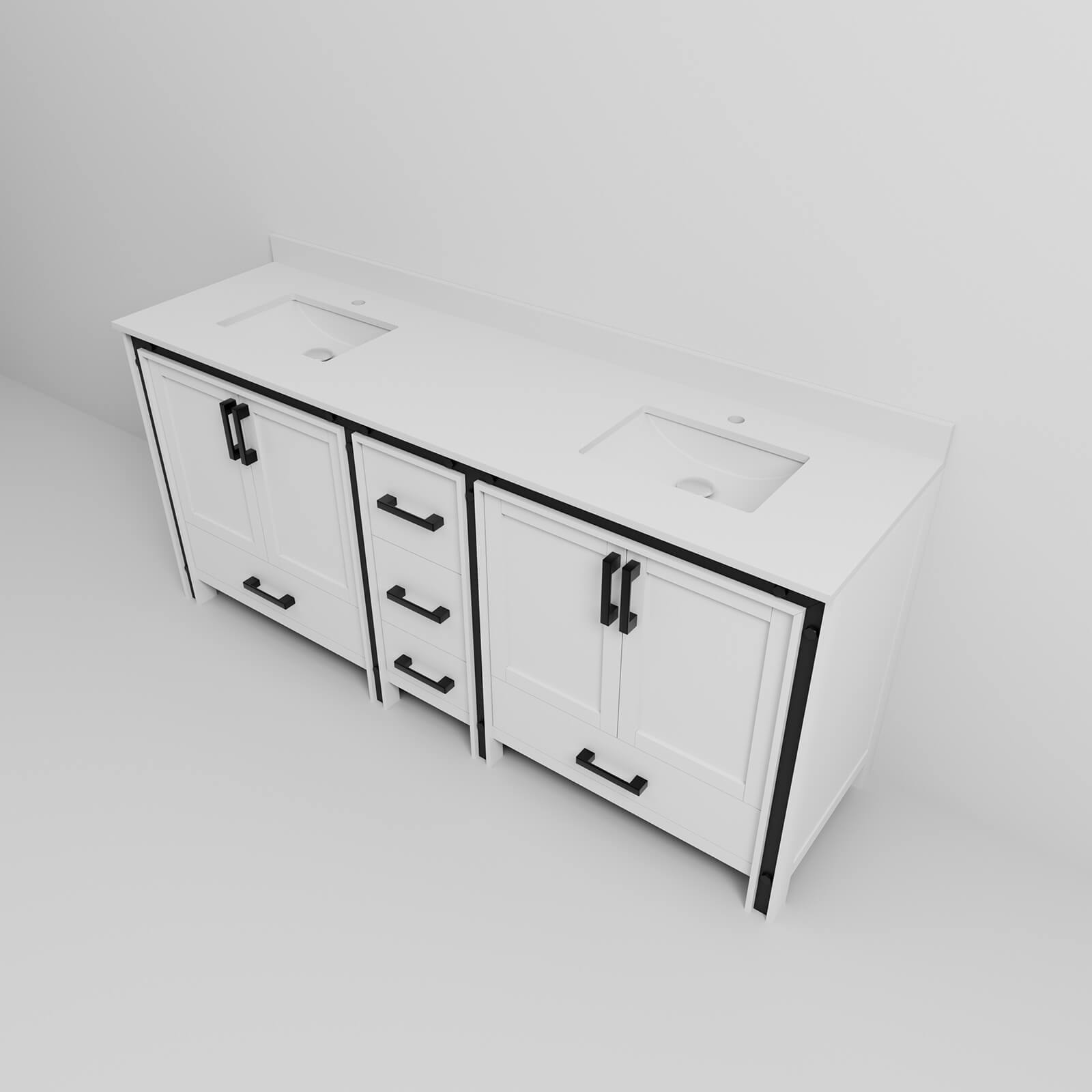 80 inch freestanding bathroom vanity in white with two sinks and ample drawer space