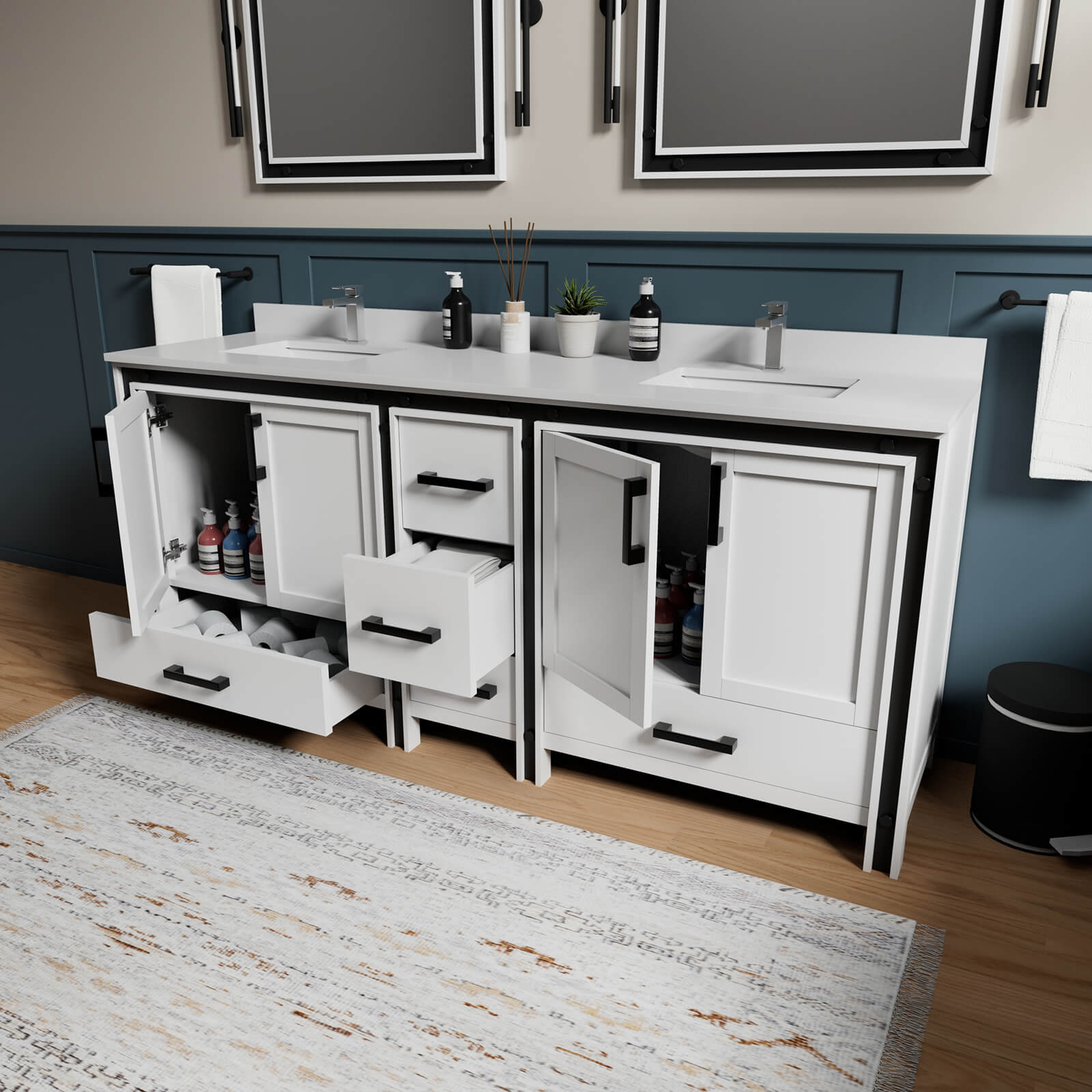 80 inch white freestanding bathroom vanity with dual sinks and ample storage space